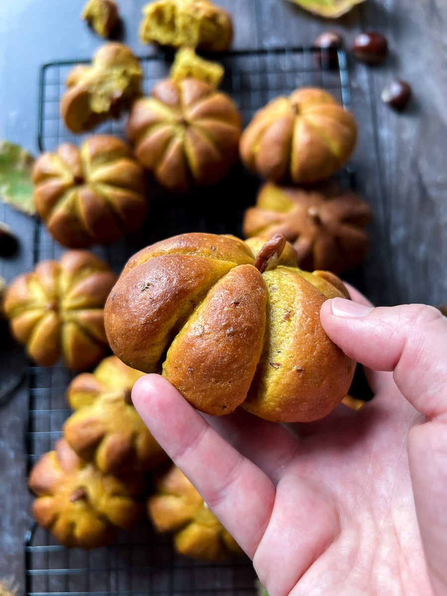 Vegan Pumpkin Bread Rolls Up Close