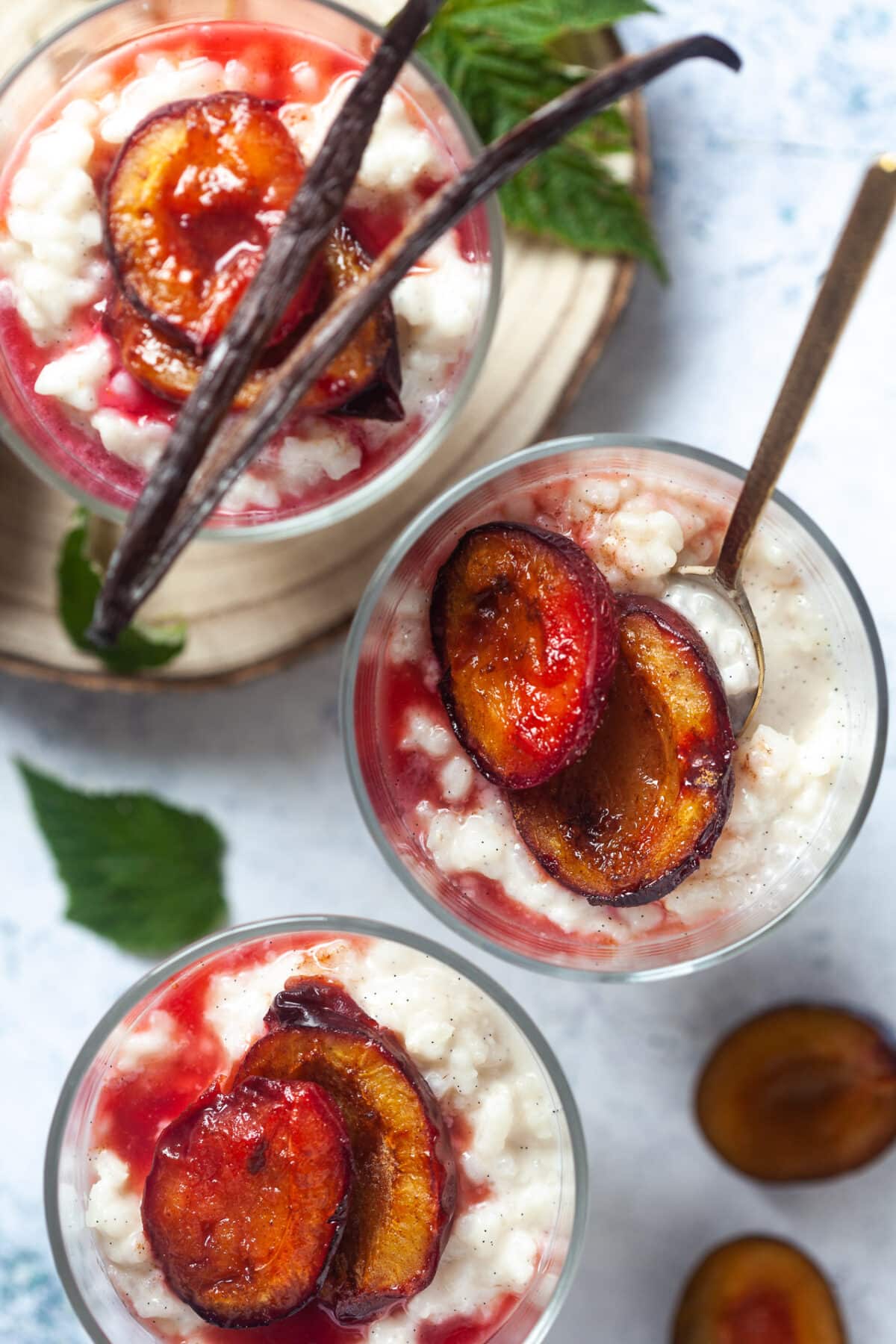 Rice Pudding with Baked Plums Vibrant plate