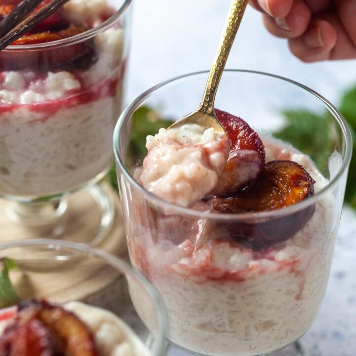Rice Pudding with Baked Plums