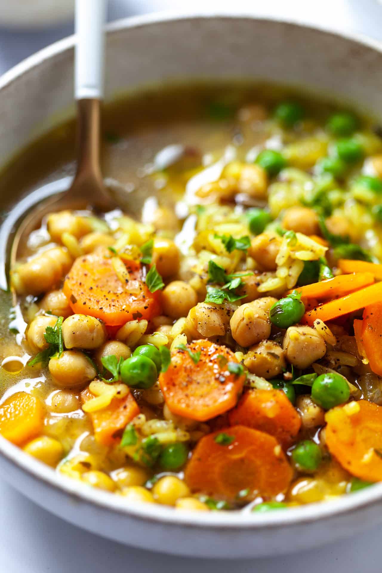 Close up of Vegan Chickpea and Rice Soup