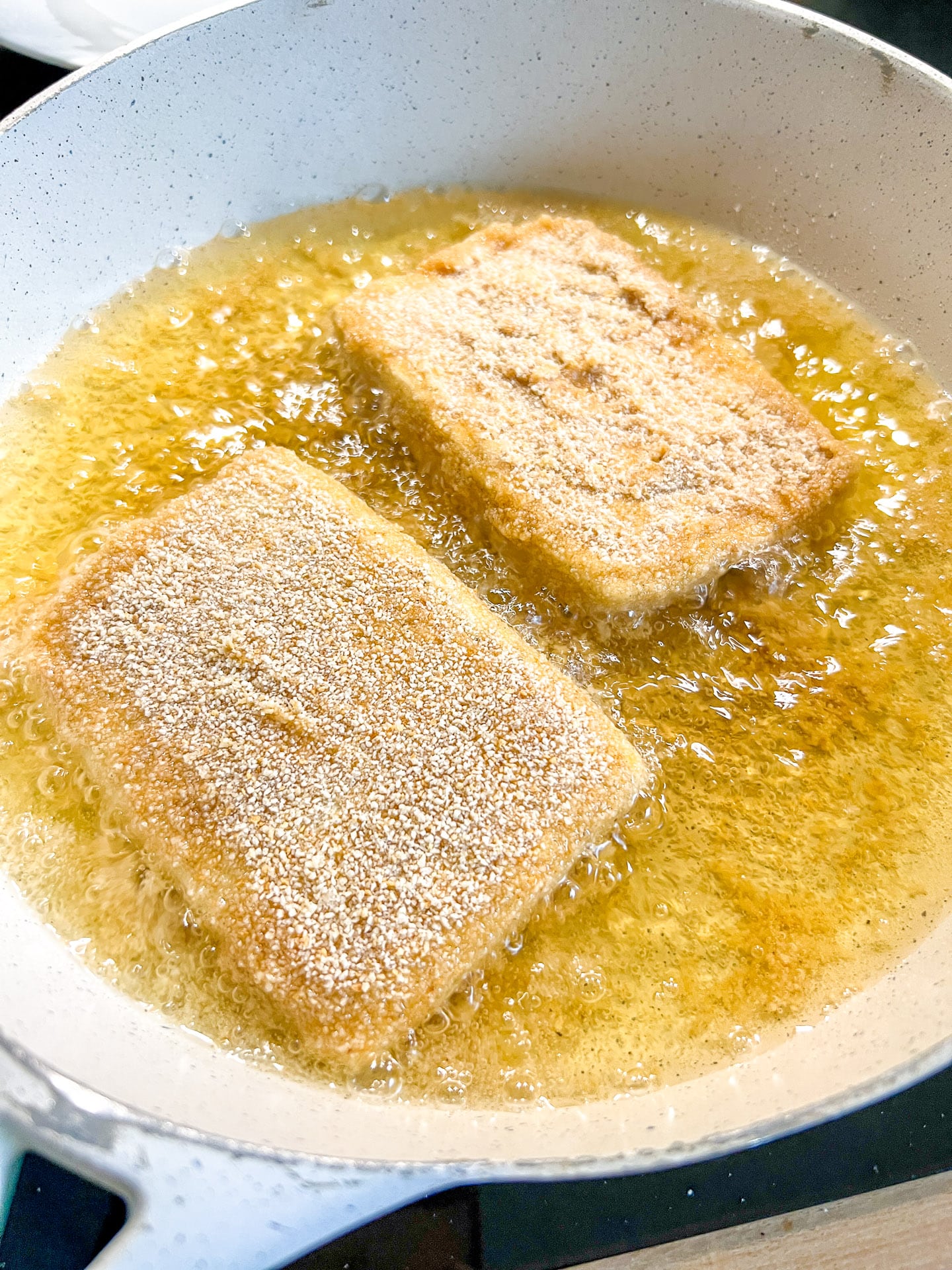 Frying tofu steaks in oil