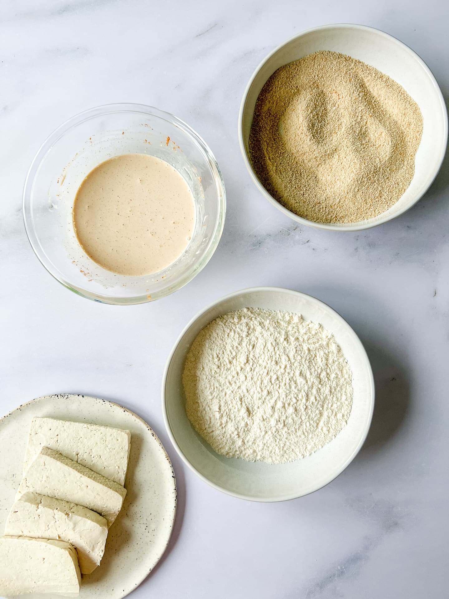 Breading station for crispy tofu