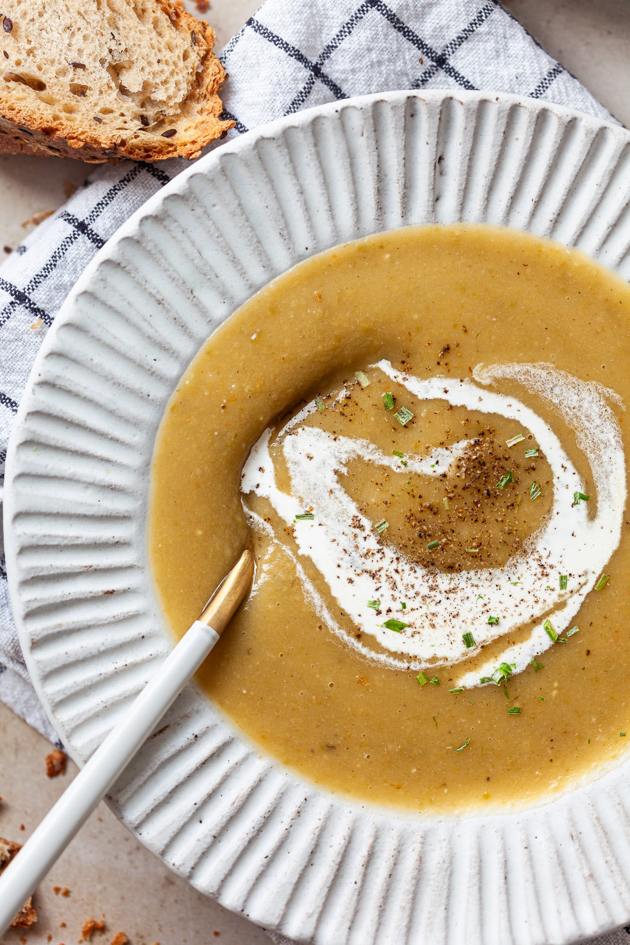 Vegan Split Pea Soup on a bowl up close