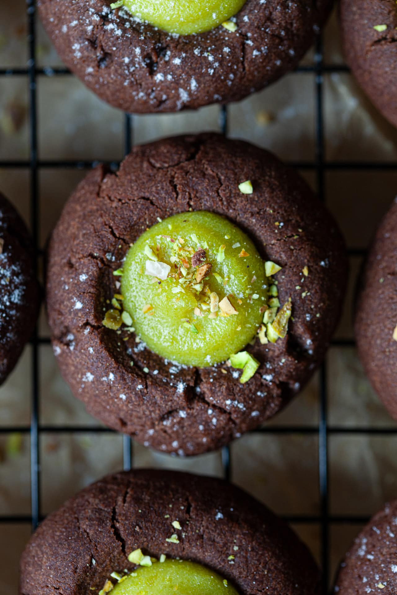Chocolate Pistachio Thumbprint Cookies