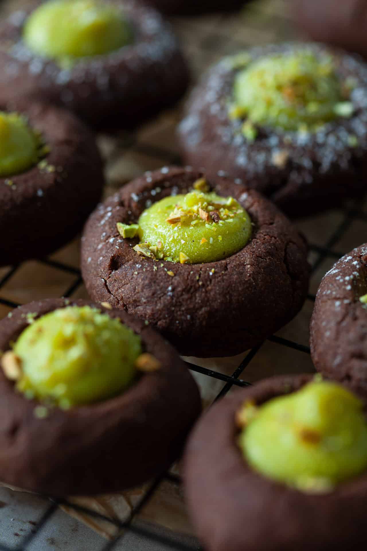 Chocolate Pistachio Thumbprint Cookies