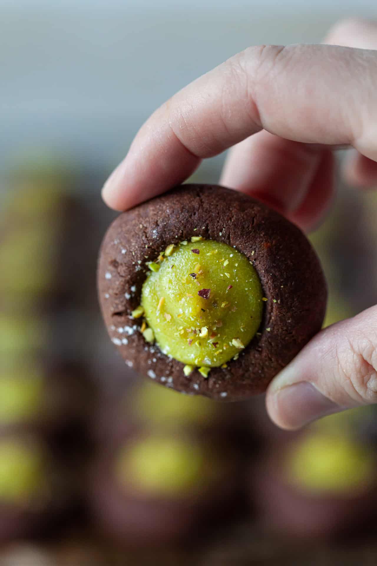 Chocolate Pistachio Thumbprint Cookies