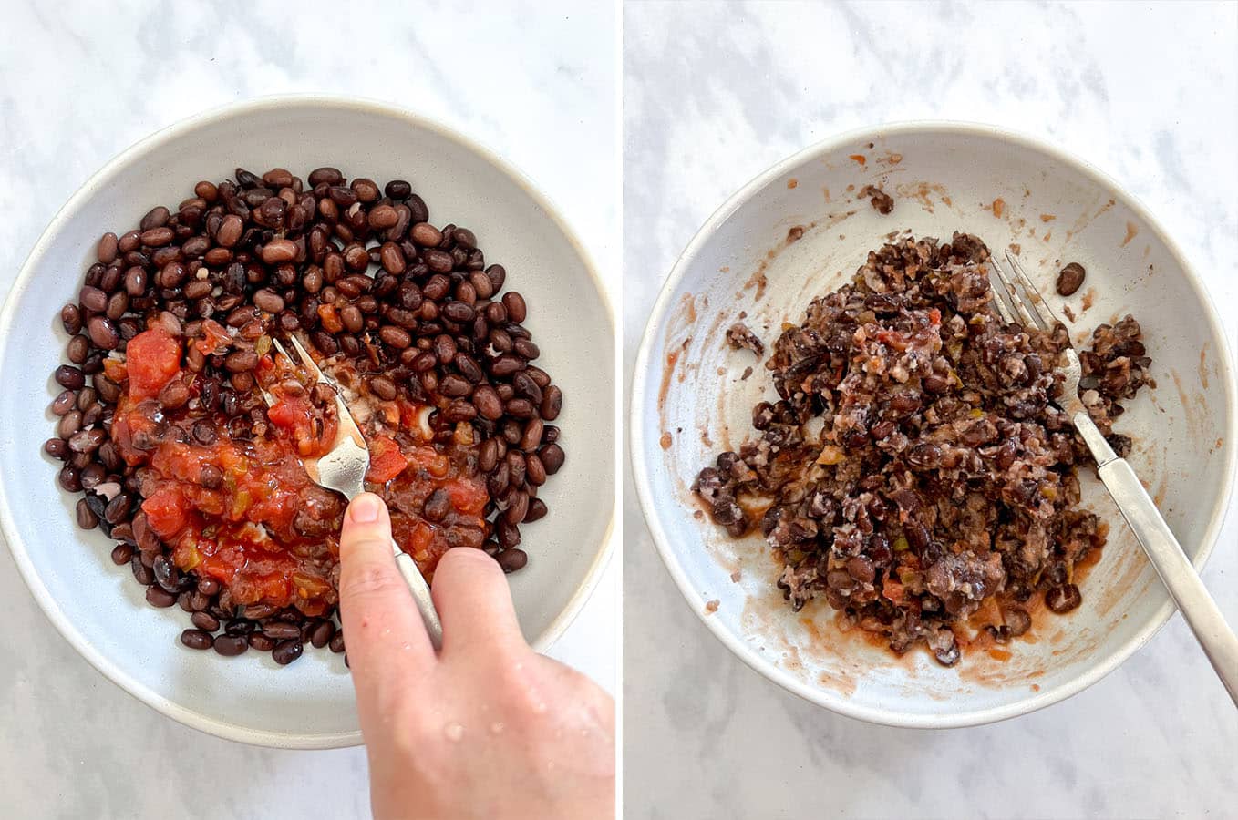 Mashing black beans and salsa